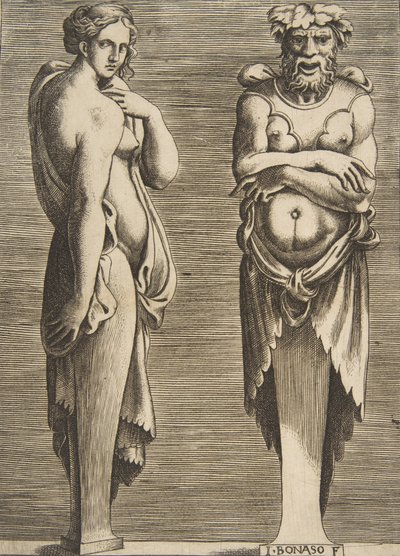 İki Dönem, solda bir Peri, sağda Silvanus, yakl. 1530-50. by Giulio Bonasone