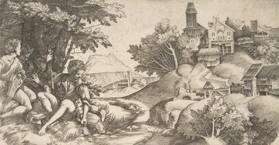 Solda, bir grup ağacın altına oturmuş müzik aletleri olan dört çoban..., yakl. 1517 by Giulio Campagnola