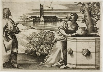 İsa ve Samiriyeli Kadın by Giulio Campagnola
