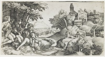 Bir Peyzajda Çobanlar, c. 1517-1518 by Giulio Campagnola