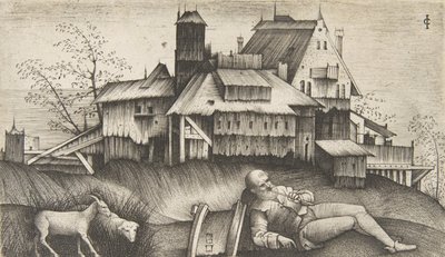 Bir manzarada yatan yaşlı çoban, arkada binalar, bir keçi ve bir koyun..., ca. 1500-1515. by Giulio Campagnola