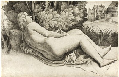 Manzarada uzanmış kadın by Giulio Campagnola