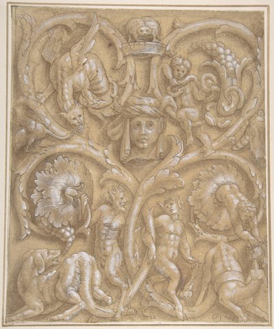 Rinceaux, Satyrs, Putti, Canavarlar ve İnsan Kafalı Süs Paneli Tasarımı, 1535-45. by Giulio Campi.
