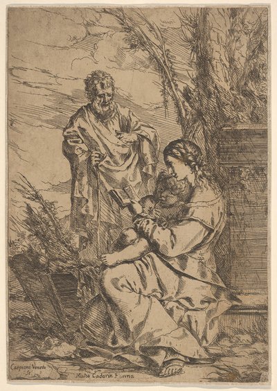 Bakire okumasıyla Kutsal Aile, Bakire solunda bir kitapla profilde oturuyor..., 1640-60. by Giulio Carpioni