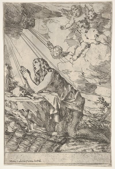 Tövbekar Magdalen, kayalık bir zeminde bir kafatası ve kemiklerin önünde diz çökmüş, bir merhem ..., yakl. 1640-55. by Giulio Carpioni