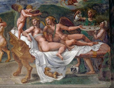Aşk tanrısı ve Psyche, kızları Voluptas (Zevk) ile yatakta yatarken, Düğün ziyafetinden veya tanrıların Ziyafetinden detay, Giulio Romano (1499-1546), Palazzo Te, Mantua (UNESCO Dünya Mirası Listesi, 2008), Lombardiya, İtalya by Giulio Romano