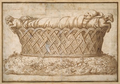 Bir bebek mezarı için tasarım (kağıt üzerinde kahverengi yıkama ile kalem ve kahverengi mürekkep) by Giulio Romano