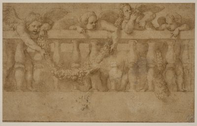 Çelenklerle bir korkuluk süsleyen dört kanatlı putti by Giulio Romano