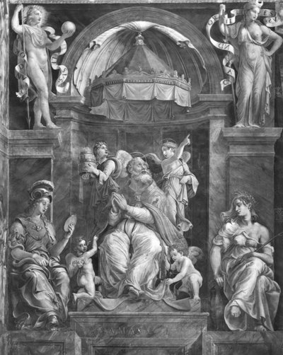 Papa I. Damasus (c.304-384), Prudence ve Peace arasında, Raphael Rooms (ayrıca bkz. 252796 ve 252797) by Giulio Romano