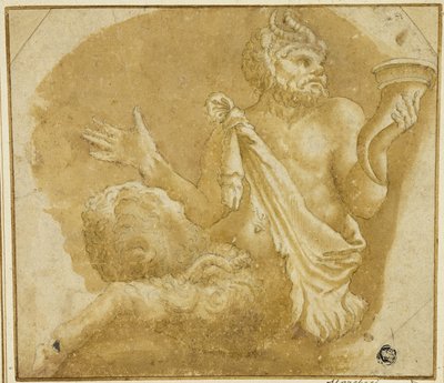 Oturan Faun Holding Cornucopia (rekto); Ağaç ve Ev Kroki (ters) by Giulio Romano