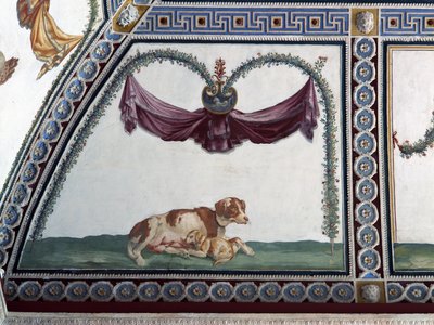 Bir köpek ve bir köpek yavrusu Cupid Frizinin Camera con Fregio di Amorini Odası, 1520