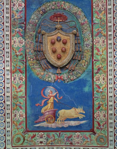 Cupid Frizinin Camera con Fregio di Amorini Odası, Medici armasının bir kabartması ve gece alegorisiyle süslenmiş tavanın orta alanının detayı, 1520