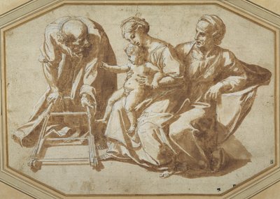 Kutsal Aile ve Aziz Anne, Mesih Çocukla birlikte yürümeyi öğretecek by Giulio Romano