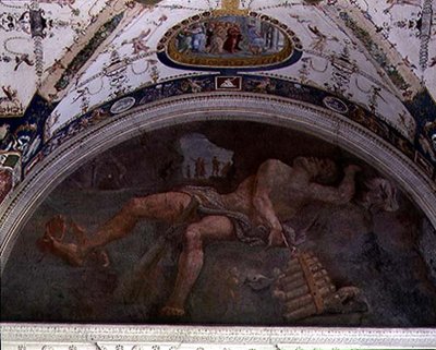 Pan ve satirleri betimleyen tonozdaki sundurma, lunette detayı by Giulio Romano