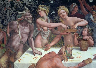 İki satir tarafından izlenen iki Horae saçan çiçek, Sala di Amore e Psiche