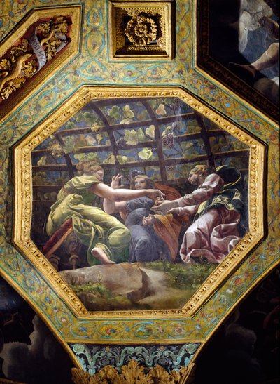 Üzüm toplayan kadınlar, Cupid ve Psyche Salonundan tavan kesonu, 1528 (sıva üzerine yağ) by Giulio Romano