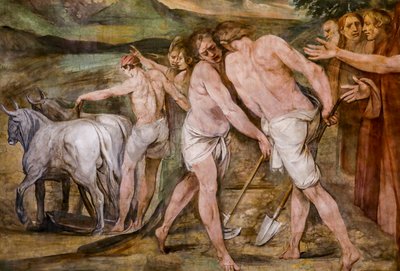 Romulus, gelecekteki Roma şehri etrafındaki sınır çizgisini sürüyor (detay) by Giuseppe Cesari