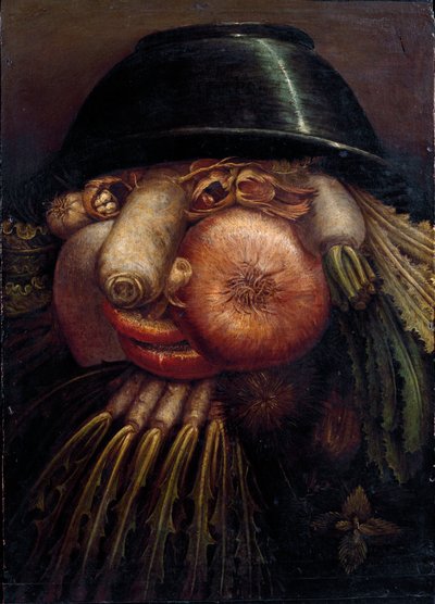 Sebzeli portre (Maraicher). Temsil edilen sebze ve meyveler arasında: fındık, turp, mantar, sarımsak, kestane, soğan, salata, fındık ve şalgam. Giuseppe Arcimboldi (Arcimboldo) (1527-1593) tarafından yapılan resim Cremona, Pinacoteca Comunale by Giuseppe Arcimboldo
