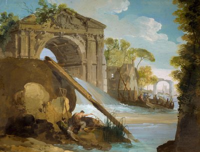 Hayali görünüm: Balıkçıların ve harabelerin olduğu nehir, Giuseppe Bernardino Bison (1762-1844) by Giuseppe Bernardino Bison