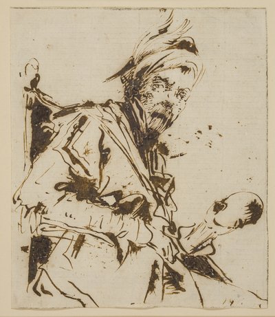 Bir sandalyede oturan ve sol elinde bir kafatası(?) tutan erkek yarım uzunlukta tüylü bir şapka by Giuseppe Bernardino Bison
