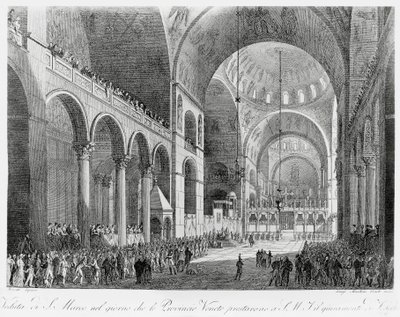 Venedik eyaletleri, 7 Mayıs'ta Venedik'teki San Marco Bazilikası'nda Avusturya İmparatoru II. Francis'e (1768-1835) biat etti. by Giuseppe Borsato