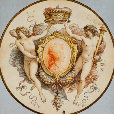 Yanlarında Alegorik Şöhret ve Zafer Figürleri Bir Taç Tutarak Grotesk ve Swaglardan Dekoratif Bordürlü Profilde Oval Bir Kadın Portresi, by Giuseppe Cades