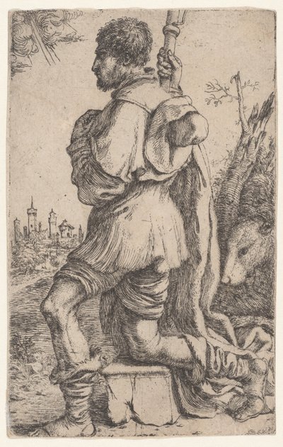 Aziz Roch, bir taşın üzerinde diz çökmüş, arkasında köpeğiyle yandan görülen..., 1620-30. by Giuseppe Caletti