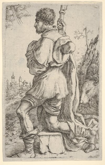 Aziz Roch, bir taşın üzerinde diz çökmüş, arkasında köpeği ve bir kasaba ile yandan görülen..., 1620-30. by Giuseppe Caletti