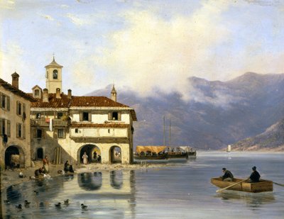 Komo. Menaggio kıyısı ve limanı (1850). Canella'nın tablosu. Menaggio (Como). by Giuseppe Canella