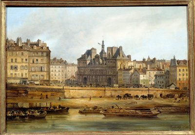 Belediye binası ve Paris'teki Ile de la Cite'den görülen yer de Greve. Giuseppe Canella (1788-1847) EC.ITAL tarafından yapılan tablo. by Giuseppe Canella
