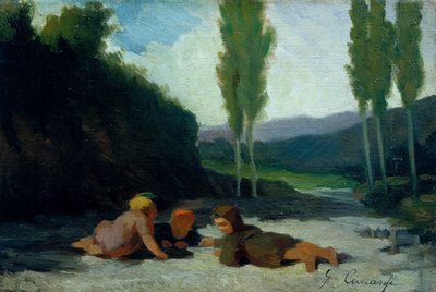 Nehir kıyısında oynayan çocuklar (tuval üzerine yağlıboya) by Giuseppe Ciaranfi