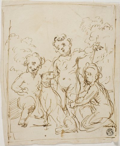 Manzara İçinde Üç Putti ve Köpek by Giuseppe Diamantini