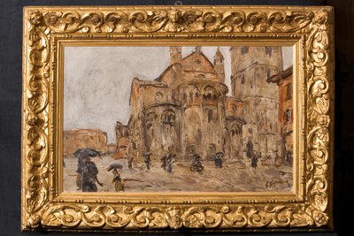 Yağmurda Piazza Grande (kontrplak üzerine yağ) by Giuseppe Graziosi
