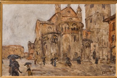 Yağmurda Piazza Grande (kontrplak üzerine yağ) by Giuseppe Graziosi