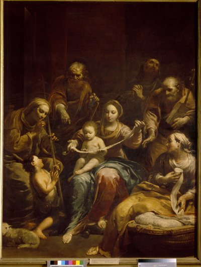 Kutsal Aile (Kutsal Aile). Meryem ve İsa çocuğu, resmin merkezinde, Yusuf, Aziz Elisabeth ve Vaftizci Yahya ile çevrilidir. Giuseppe Maria Crespi