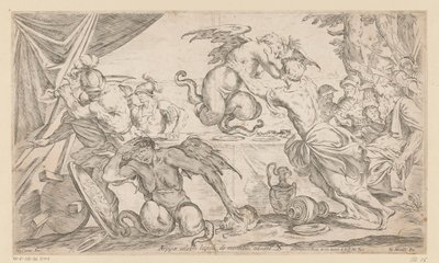 Aeneas ve arkadaşları Harpilerle savaşır Arpijae celebri lapsu de montibus adsunt (nesnedeki başlık) Aeneas