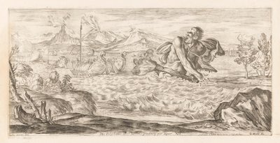 Polyphemus achtervolgt de vloot van Aeneas Burada Polyphemus mevcut, korkunç, ovada ilerliyor (nesnedeki başlık) Omzwervingen van Aeneas (dizi adı) Caracci tarafından L