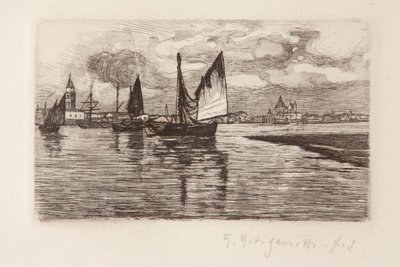 Lagündeki Tekneler (beyaz kağıt üzerine gravür) by Giuseppe Miti Zanetti