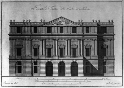 Giuseppe Piermarini (1734-1808) tarafından Milano'daki Teatro alla Scala'nın (Tiyatro de la Scala) cephesinin dış mimarisinin çizimi. by Giuseppe Piermarini