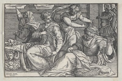 Lucretia, kızlarına iğne işi öğretiyor, 1557. by Giuseppe Porta