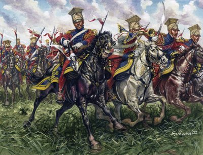 Birinci İmparatorluk: 18/06/1815 tarihinde Waterloo Muharebesi sırasında İmparatorluk Muhafızlarının Kırmızı Mızraklı Süvari Alayı veya Atlı Süvari Alayı - Birinci İmparatorluk: Wa Muharebesi sırasında İmparatorluk Muhafızlarının 2. Hafif Süvari Alayı (Kır by Giuseppe Rava
