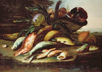 Ölü Balık ve Oyun ile Natürmort (tuval üzerine yağlı boya) by Giuseppe Recco