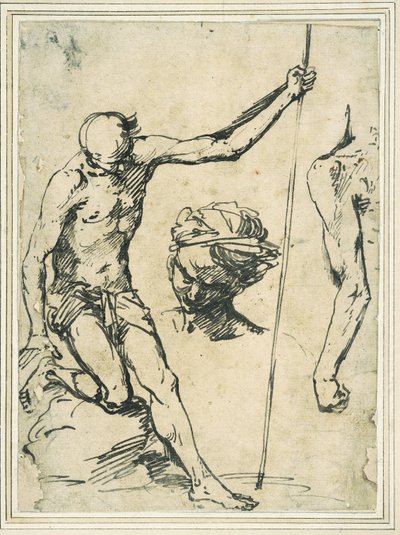 Figür çalışmaları: bir sırık tutan adam, sarıklı bir adamın başı ve arkadan görülen bir sol kol by Giuseppe Ribera