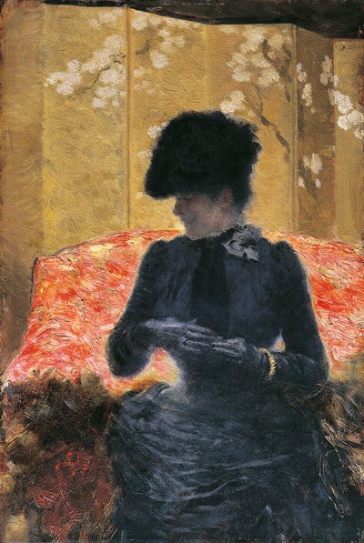 Kadın kırmızı kanepede by Giuseppe or Joseph de Nittis