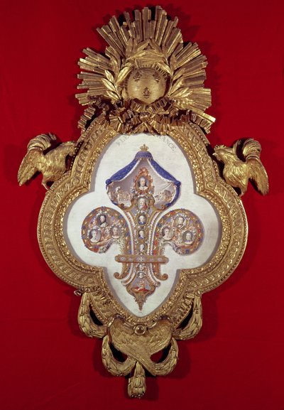 Fleur de France, Louis XV (1710-74) ve onun soyundan gelenlerin zambak şeklinde bir çerçeve içinde on üç portresini içeren soy ağacı, 1765 (altın ve emaye) by Glokeur de Surchamps