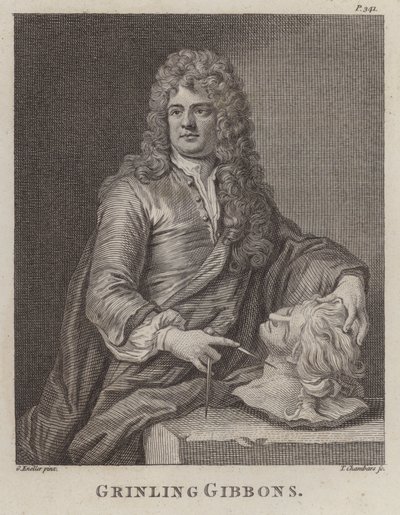 Grinling Gibbons, İngiliz ahşap oymacısı ve heykeltıraş (gravür) by Godfrey (after) Kneller