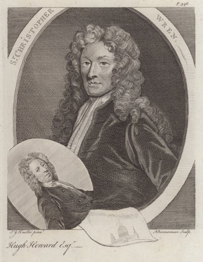 Sir Christopher Wren, İngiliz mimar ve Hugh Howard, İngiliz sanatçı ve koleksiyoncu (gravür) by Godfrey (after) Kneller