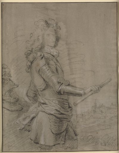 Zırhlı ve sağ elinde asalı bir komutanın dörtte üç portresi. Arka planda bir kasaba ile bir manzara by Godfrey Kneller