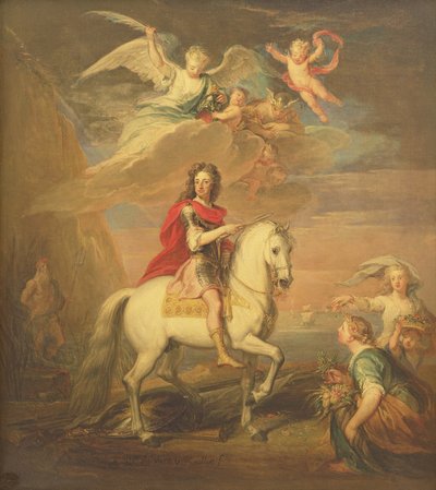 William III, Neptün, Ceres ve Flora tarafından gözlemlenen gri bir şarj cihazı üzerinde. Gökyüzünde Merkür ve Astrea by Godfrey Kneller
