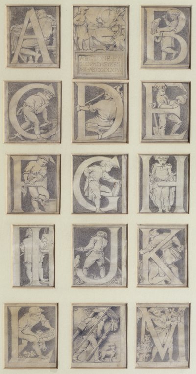 A-M, South Kensington Müzesi için Alfabe için on üç harflik tasarım, 1864 (kalem ve gri yıkama) by Godfrey Sykes
